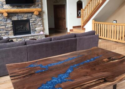 live edge table with engraved map blue epoxy custom wood furniture