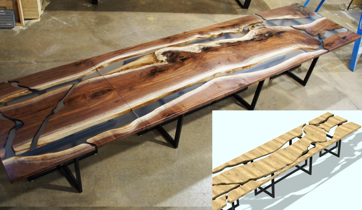 continguous dining table set with clear epoxy custom wood furniture