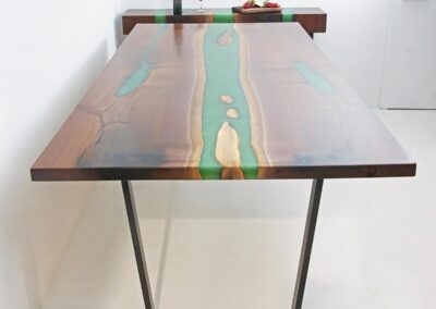green epoxy river dining table matching side table custom wood furniture