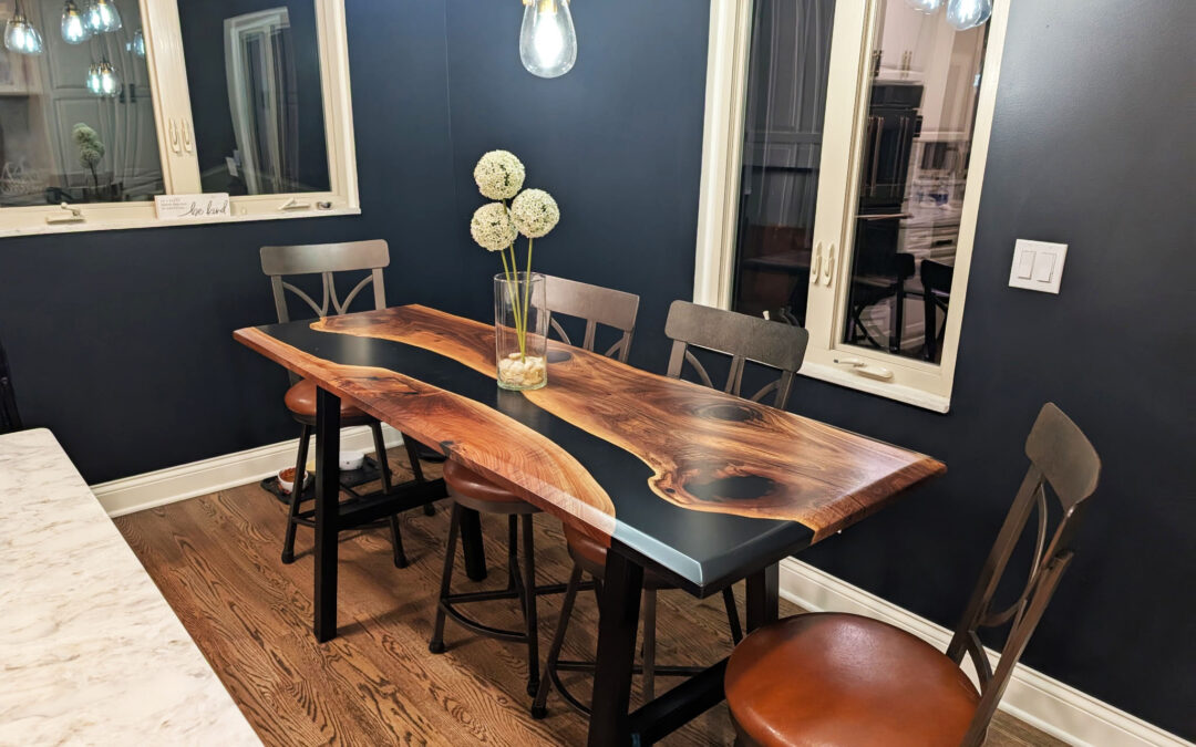 Walnut Kitchen Table With Black Resin And Beveled Edges