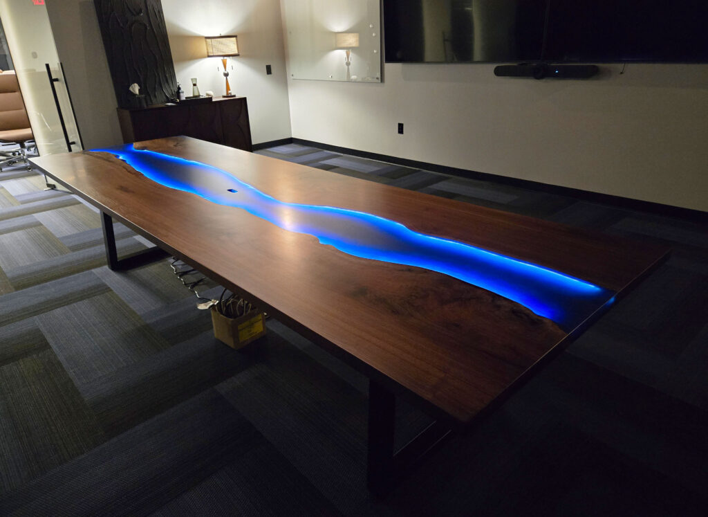 http://Walnut%20Conference%20Table%20With%20Blue%20Resin%20&%20LED%20Lights%208
