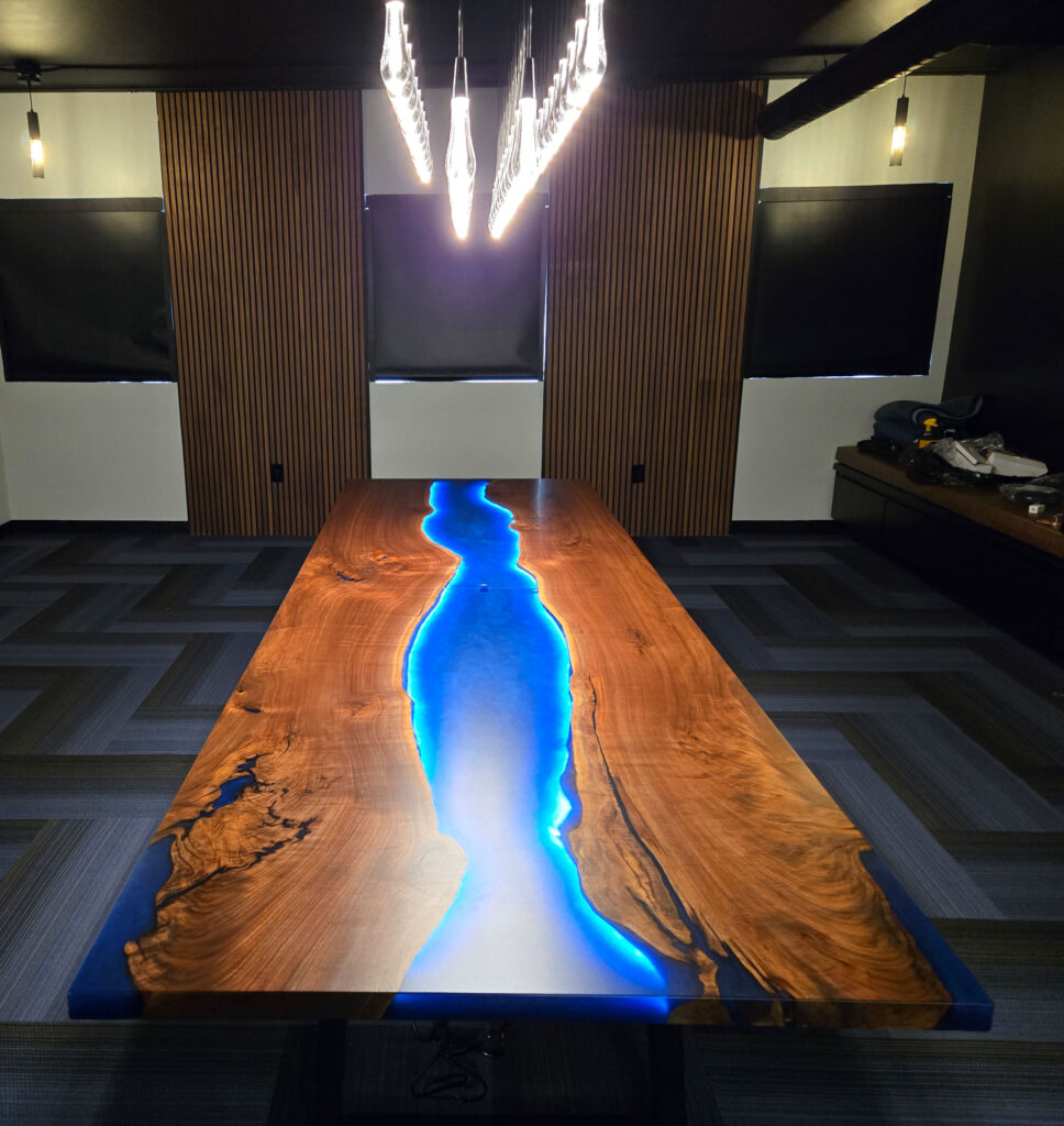 http://Walnut%20Conference%20Table%20With%20Blue%20Resin%20&%20LED%20Lights%206