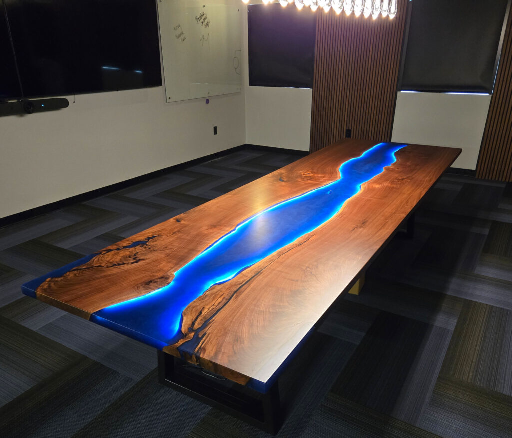 http://Walnut%20Conference%20Table%20With%20Blue%20Resin%20&%20LED%20Lights%207