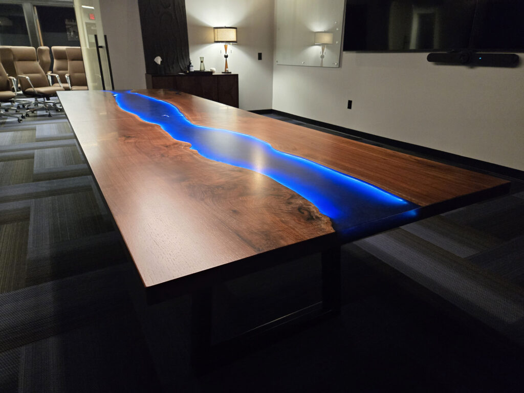 http://Walnut%20Conference%20Table%20With%20Blue%20Resin%20&%20LED%20Lights%205