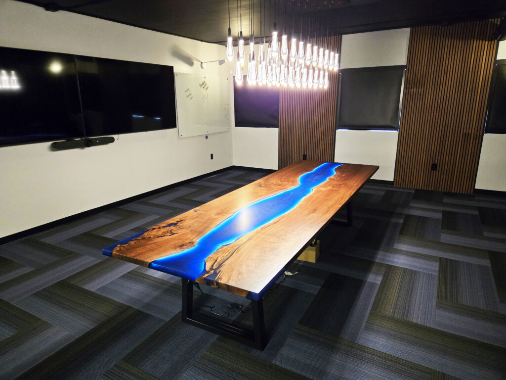 http://Walnut%20Conference%20Table%20With%20Blue%20Resin%20&%20LED%20Lights%201