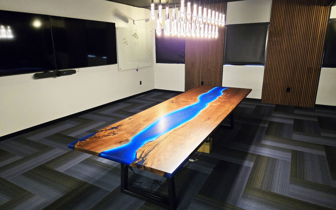 Walnut Conference Table With Blue Resin & LED Lights