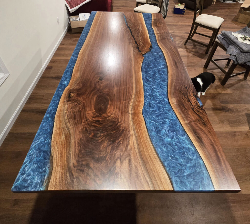 http://Walnut%20Dining%20Room%20Table%20With%20Two%20Blue%20Resin%20Rivers%204
