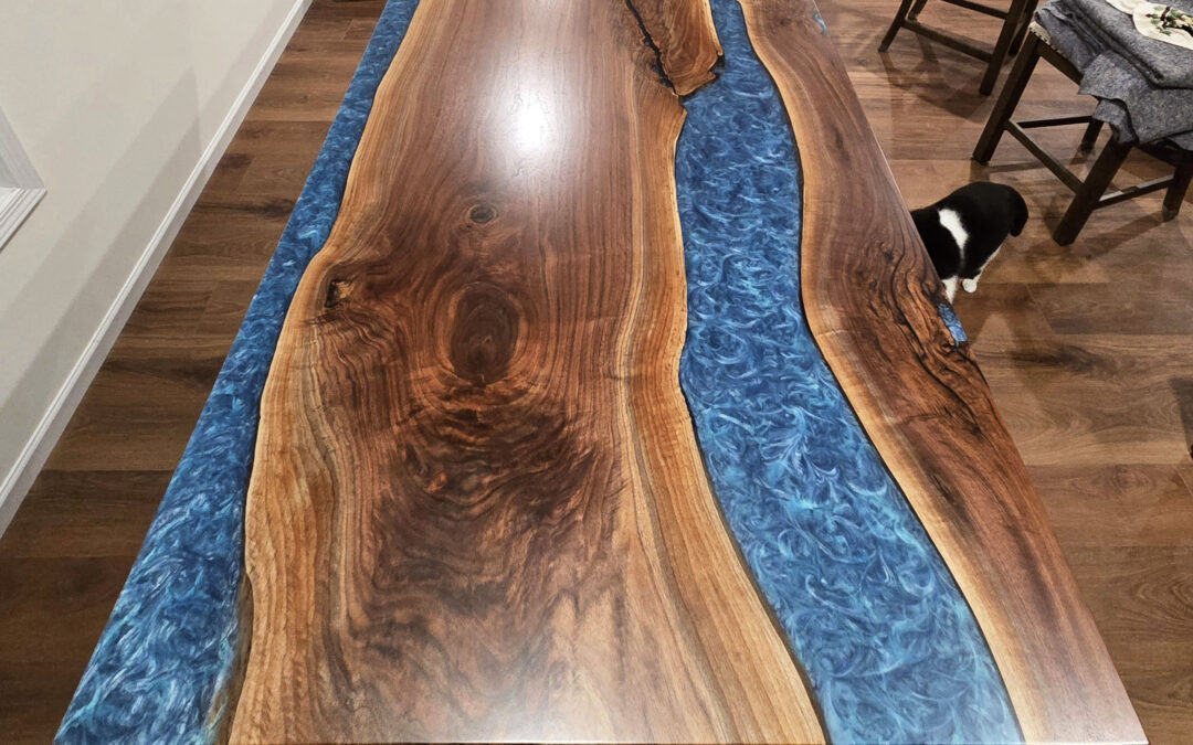 Walnut Dining Room Table With Two Blue Resin Rivers