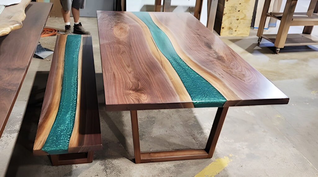 http://Walnut%20Dining%20Table%20With%20Bench%20&%20Turquoise%20Resin%20River%205