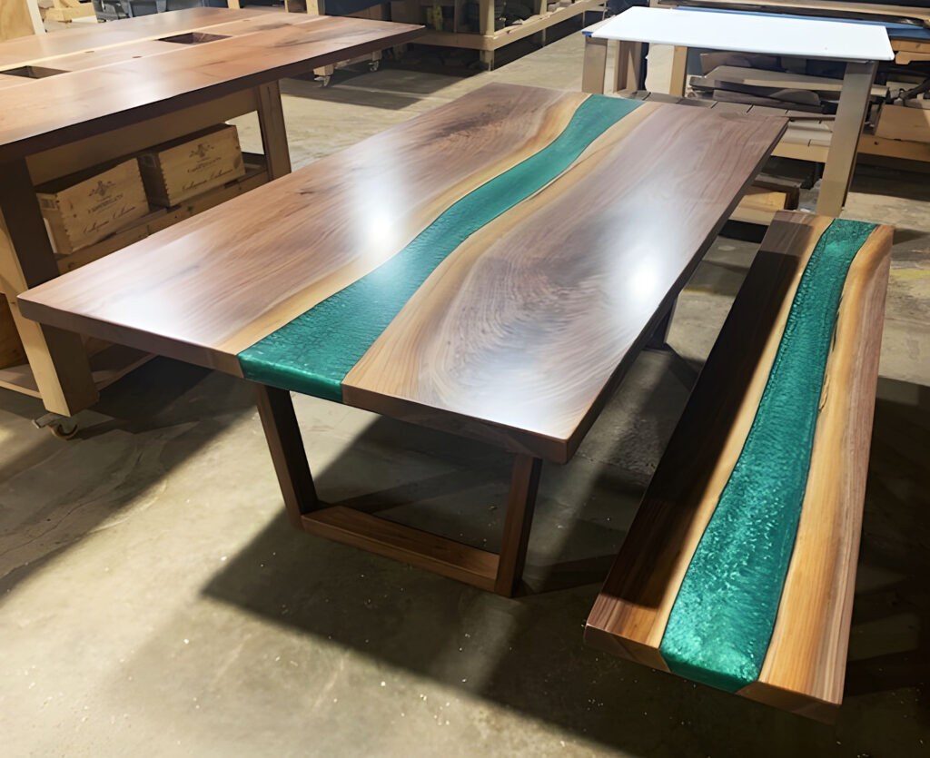 http://Walnut%20Dining%20Table%20With%20Bench%20&%20Turquoise%20Resin%20River%204