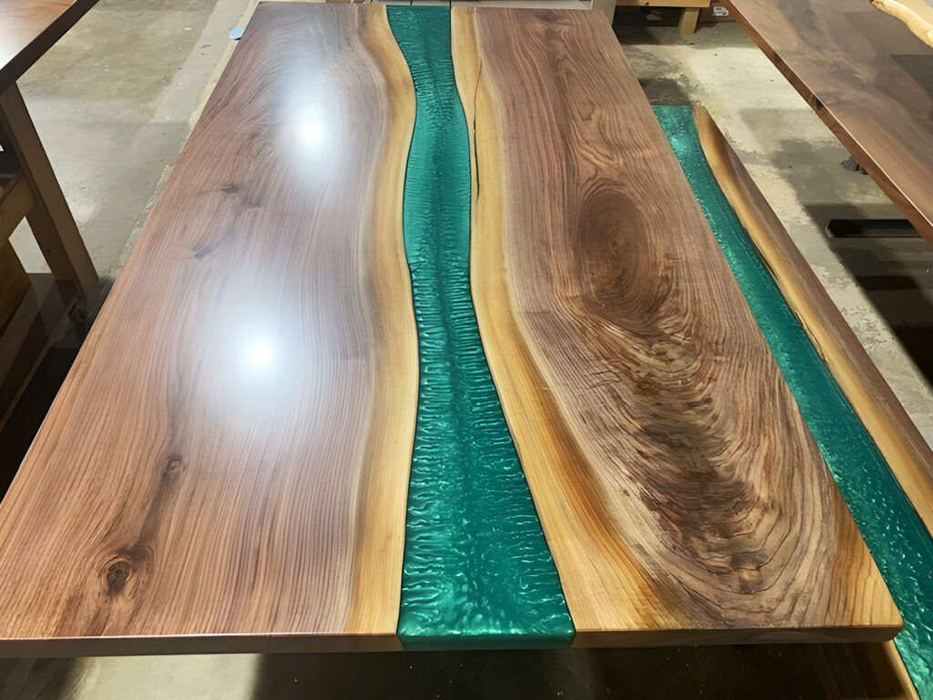 http://Walnut%20Dining%20Table%20With%20Bench%20&%20Turquoise%20Resin%20River%203