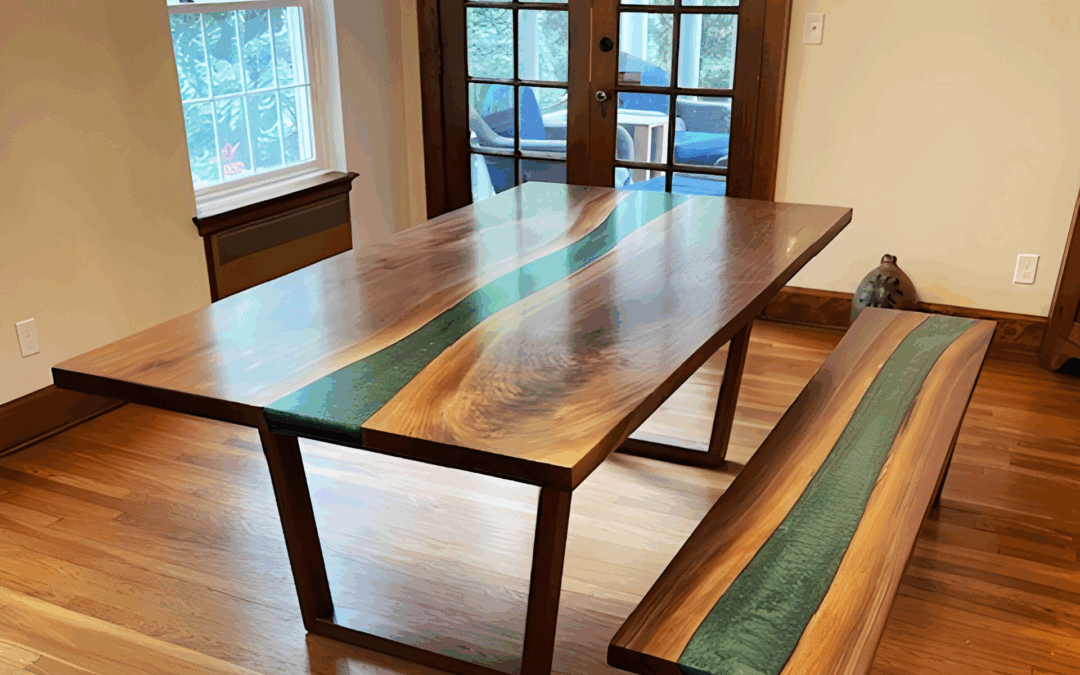 Walnut Dining Table With Bench & Teal Resin River