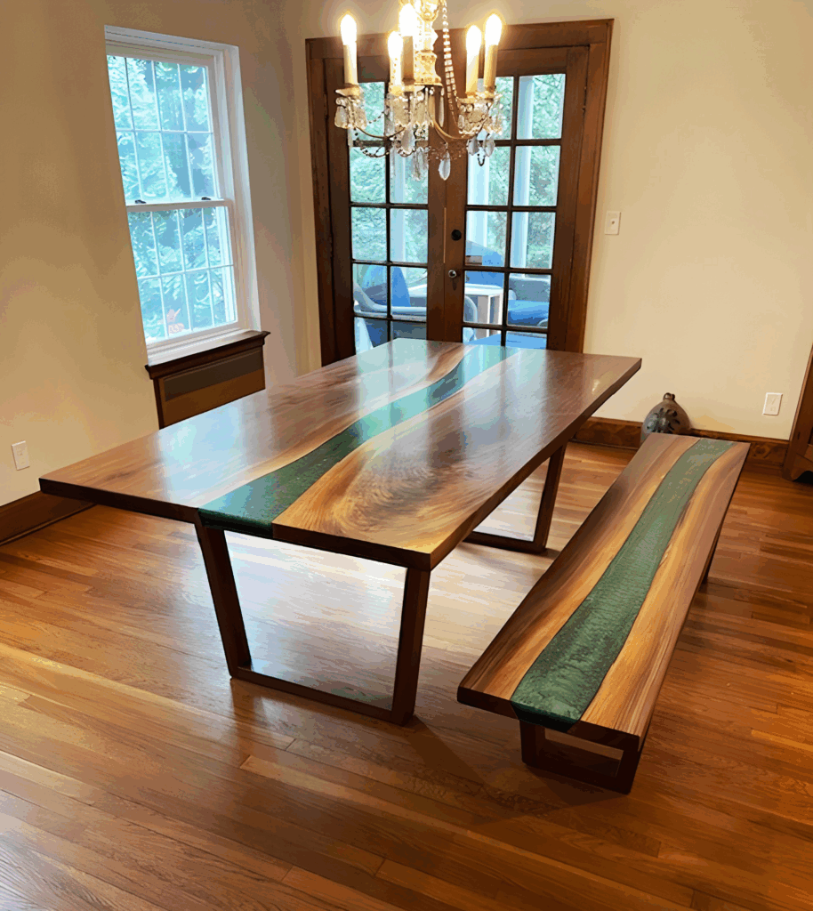 http://Walnut%20Dining%20Table%20With%20Bench%20&%20Turquoise%20Resin%20River%201