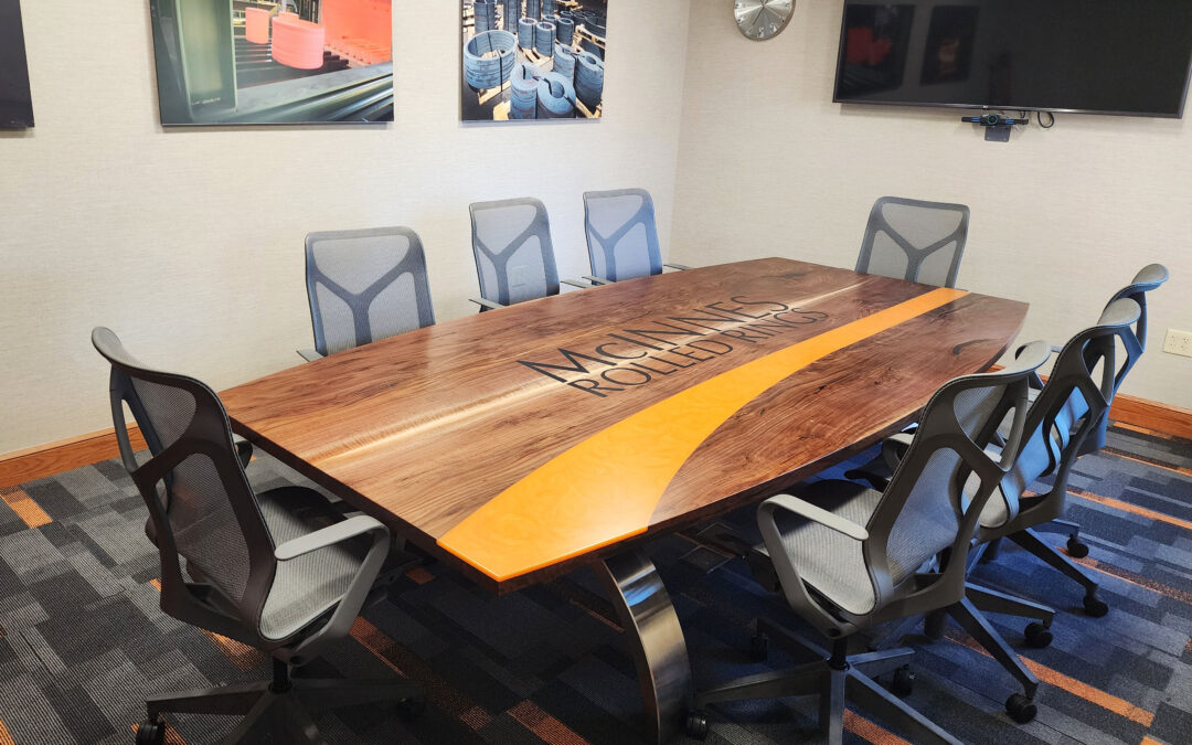 Walnut Conference Table With CNC Logo And Orange Resin