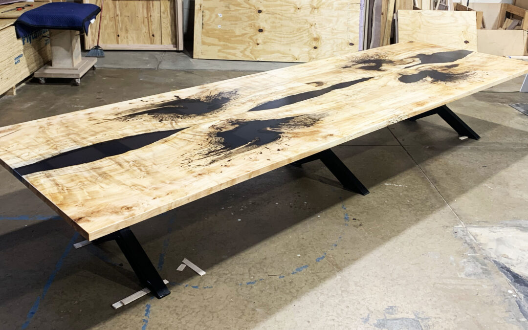 Spalted Maple Conference Table With Black Ink Style Resin